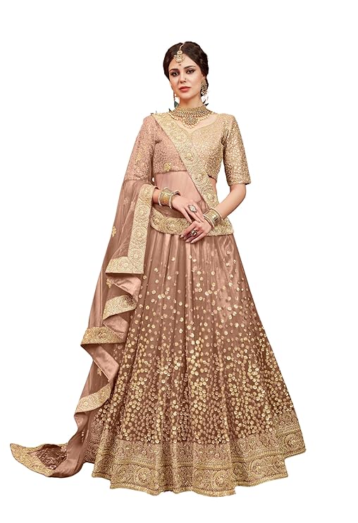 Women's Net Semi Stitched Lehenga Choli With Dupatta | Dori And Sequin Embroidery Pattern