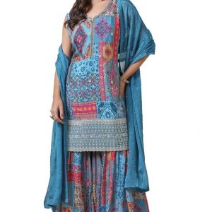 Soch Womens Powder Blue Ethnic Motifs Print Chinon Suit Set