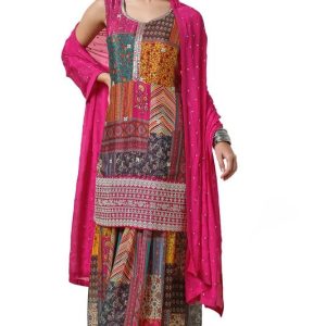 Soch Womens Fuchsia Chinon Abstract Print Suit Set with Zardosi