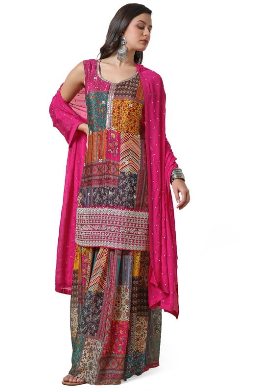 Soch Womens Fuchsia Chinon Abstract Print Suit Set with Zardosi