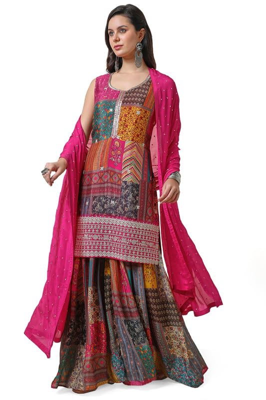 Soch Womens Fuchsia Chinon Abstract Print Suit Set with Zardosi - Image 2
