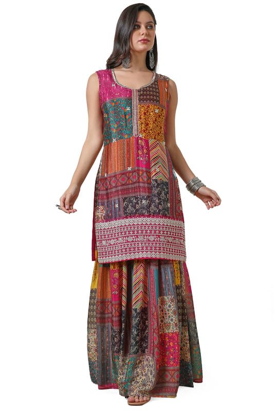 Soch Womens Fuchsia Chinon Abstract Print Suit Set with Zardosi - Image 3