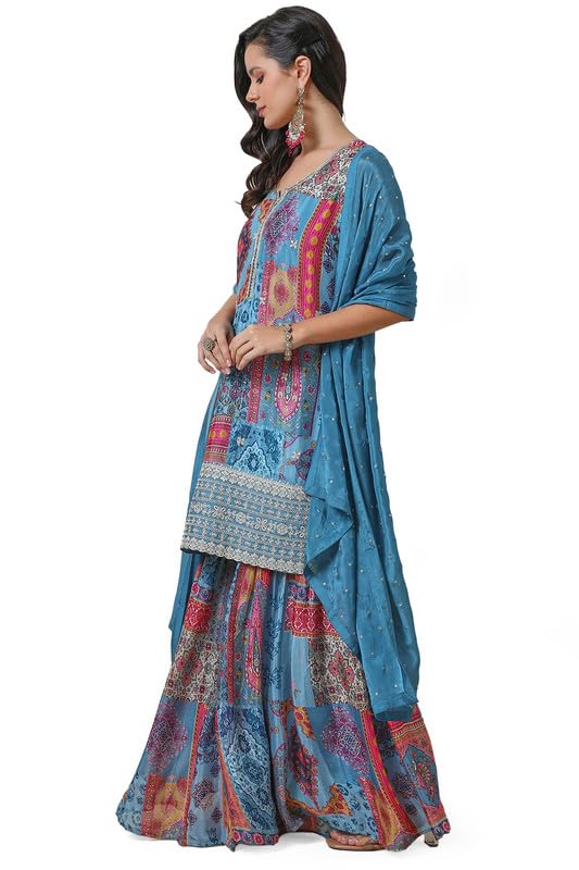 Soch Womens Powder Blue Ethnic Motifs Print Chinon Suit Set - Image 4