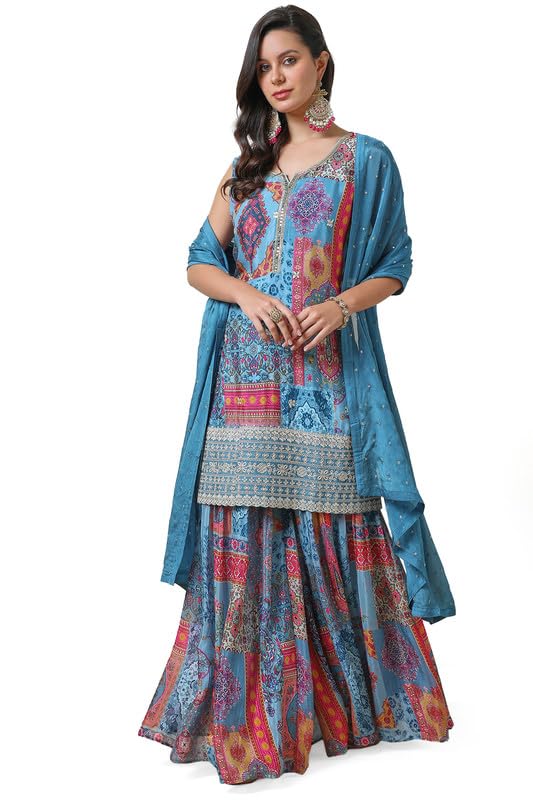 Soch Womens Powder Blue Ethnic Motifs Print Chinon Suit Set - Image 3