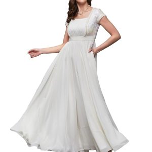 Miss Chase Women's Round Neck Sleeve Embellished Fit Flare Maxi Dress