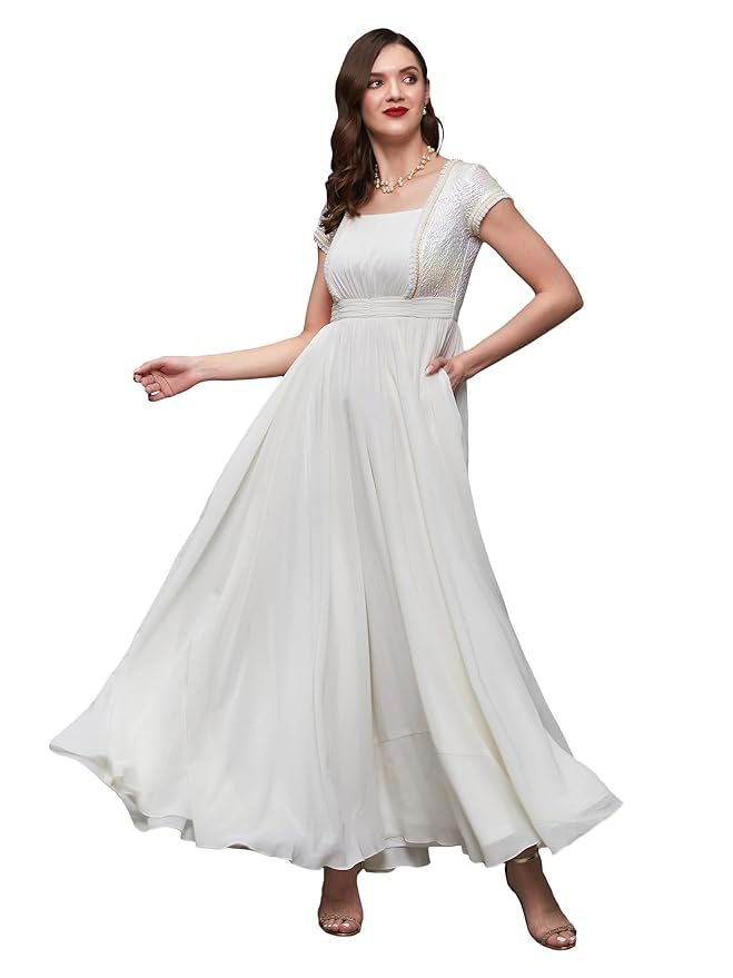 Miss Chase Women's Round Neck Sleeve Embellished Fit Flare Maxi Dress