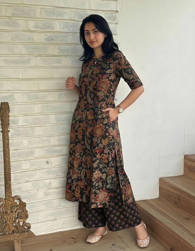 ANNI Designer Women's Viscose Blend Straight Printed Kurta with Palazzo | Elbow Length Sleeve Kurti Set | Close Neck with Back Slit | Soft Comfortable Fabric | 2 Piece Outfit - Image 4