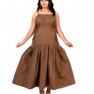 Brown Strappy Maxi Dress, Tiered Flared Silhouette, Square Neck, Drawstring Waist