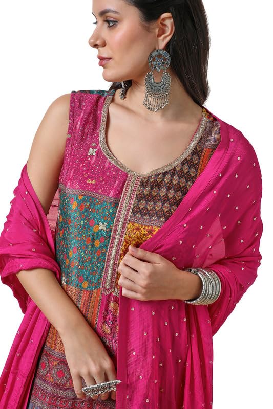 Soch Womens Fuchsia Chinon Abstract Print Suit Set with Zardosi - Image 6