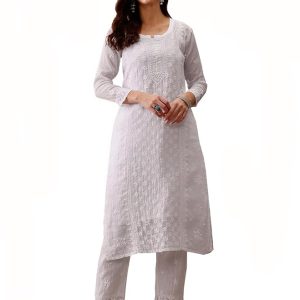 Ada Hand Embroidered Lucknowi Chikankari Cotton Kurta Set for Women A811221 | Womens Handcrafted lucknow chikan embroidery kurti co ord set with palazzo pant for party and office work wear
