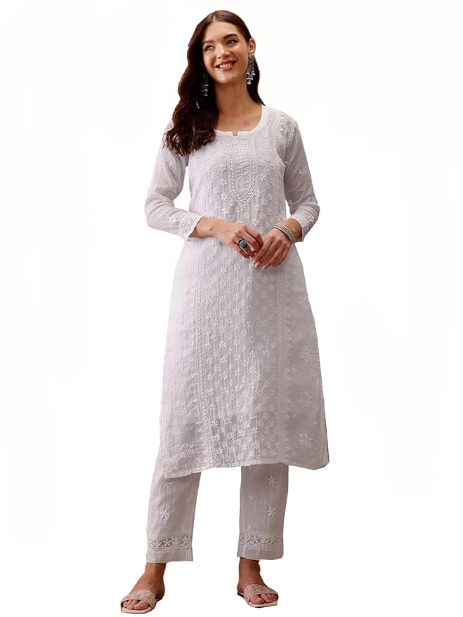 Ada Hand Embroidered Lucknowi Chikankari Cotton Kurta Set for Women A811221 | Womens Handcrafted lucknow chikan embroidery kurti co ord set with palazzo pant for party and office work wear