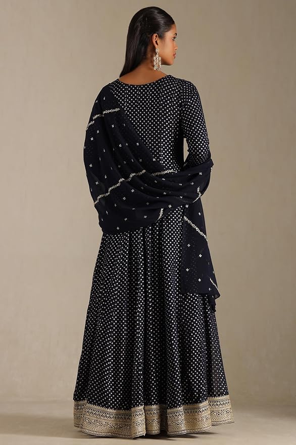 Soch Women's Navy Blue Georgette Zari Woven Gown with Sequins - Image 3