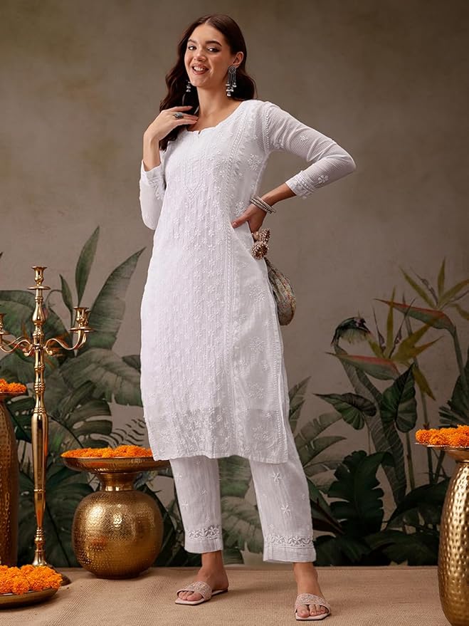 Ada Hand Embroidered Lucknowi Chikankari Cotton Kurta Set for Women A811221 | Womens Handcrafted lucknow chikan embroidery kurti co ord set with palazzo pant for party and office work wear - Image 5