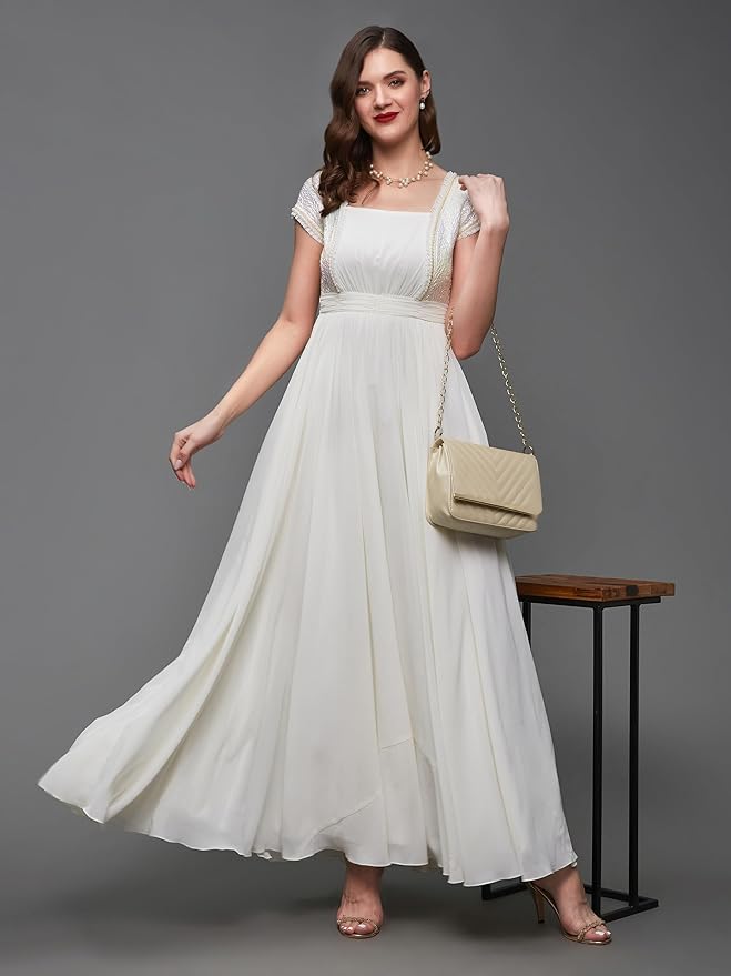 Miss Chase Women's Round Neck Sleeve Embellished Fit Flare Maxi Dress - Image 6