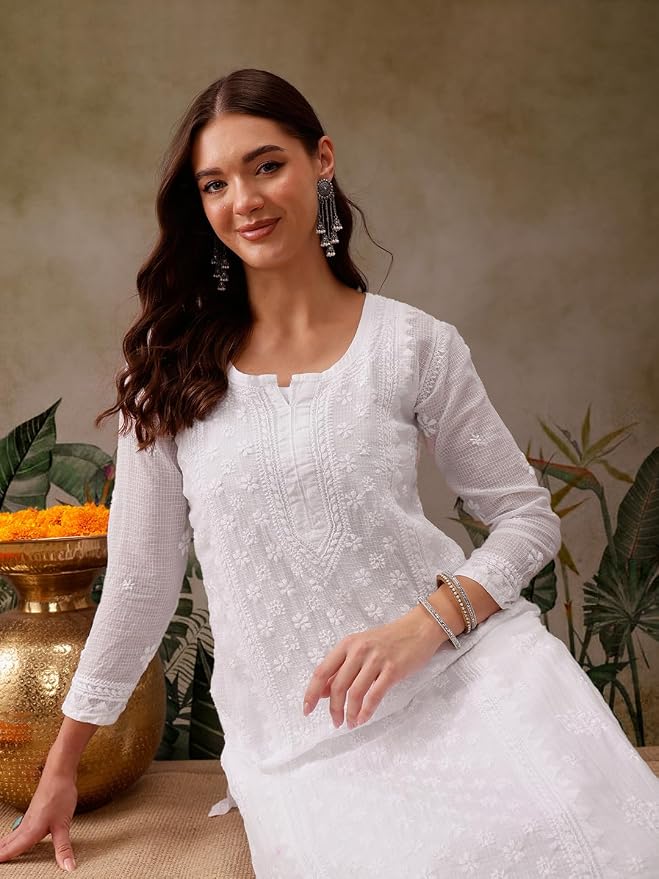 Ada Hand Embroidered Lucknowi Chikankari Cotton Kurta Set for Women A811221 | Womens Handcrafted lucknow chikan embroidery kurti co ord set with palazzo pant for party and office work wear - Image 6