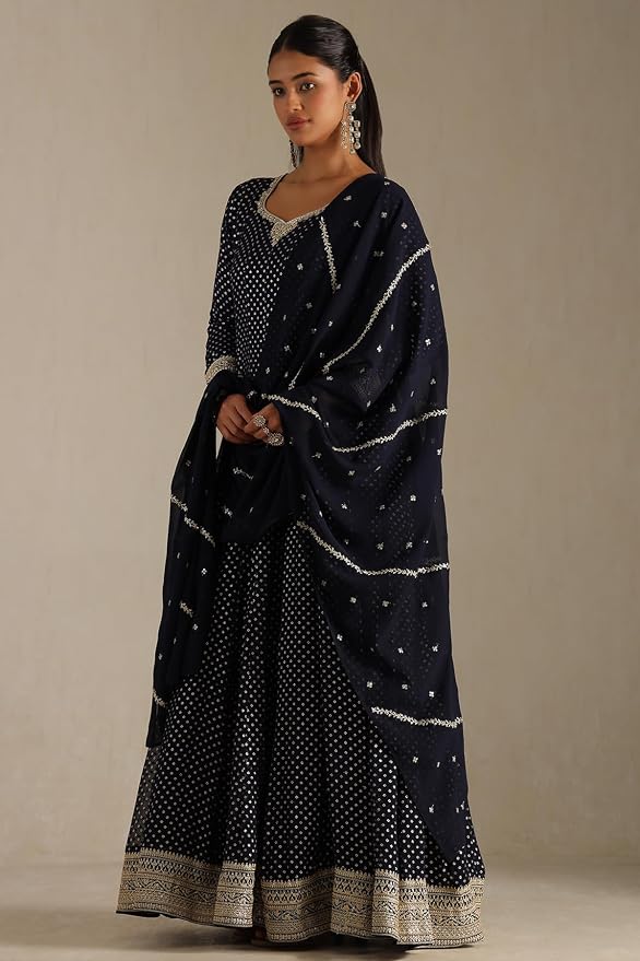 Soch Women's Navy Blue Georgette Zari Woven Gown with Sequins - Image 2