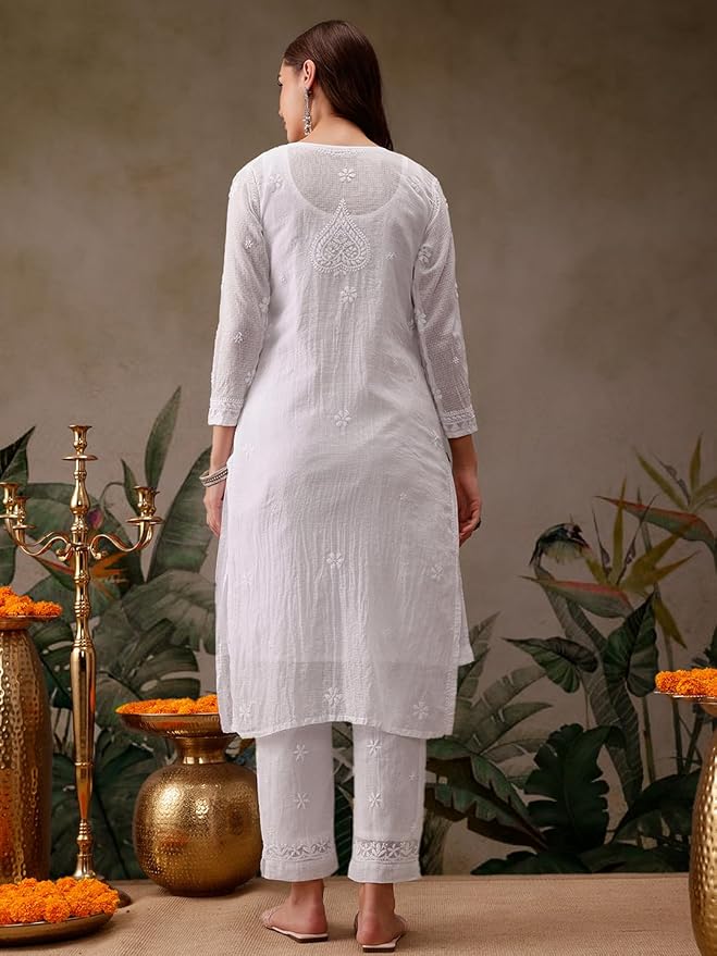 Ada Hand Embroidered Lucknowi Chikankari Cotton Kurta Set for Women A811221 | Womens Handcrafted lucknow chikan embroidery kurti co ord set with palazzo pant for party and office work wear - Image 3