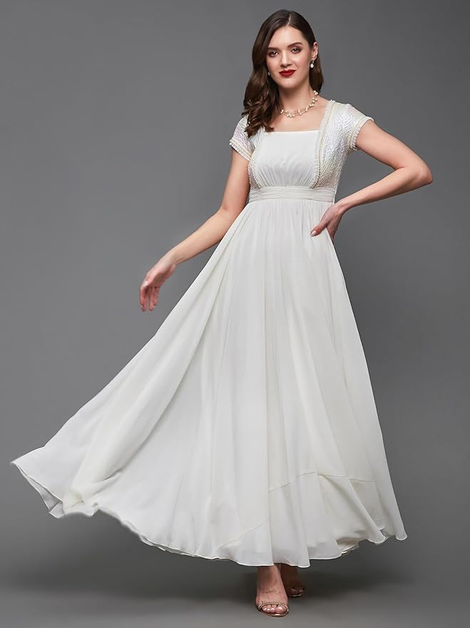Miss Chase Women's Round Neck Sleeve Embellished Fit Flare Maxi Dress - Image 4
