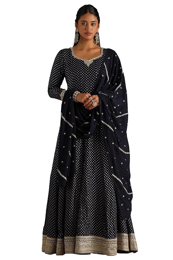 Soch Women's Navy Blue Georgette Zari Woven Gown with Sequins