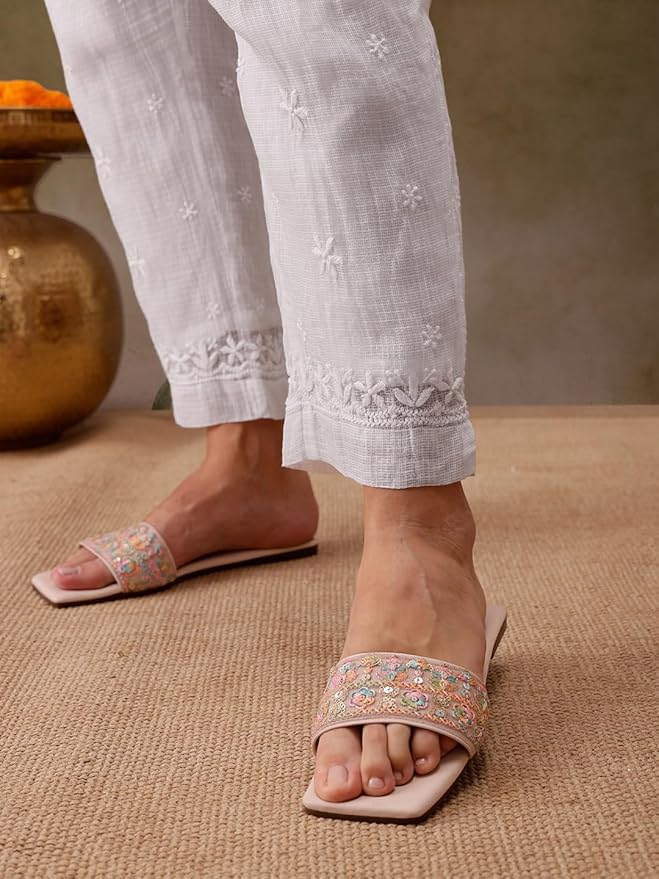 Ada Hand Embroidered Lucknowi Chikankari Cotton Kurta Set for Women A811221 | Womens Handcrafted lucknow chikan embroidery kurti co ord set with palazzo pant for party and office work wear - Image 4
