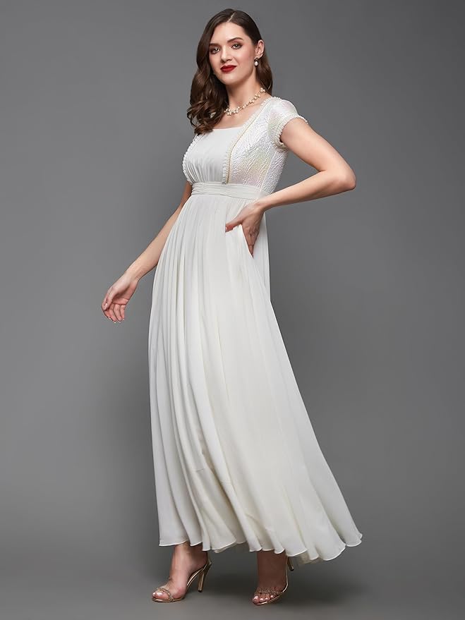 Miss Chase Women's Round Neck Sleeve Embellished Fit Flare Maxi Dress - Image 3