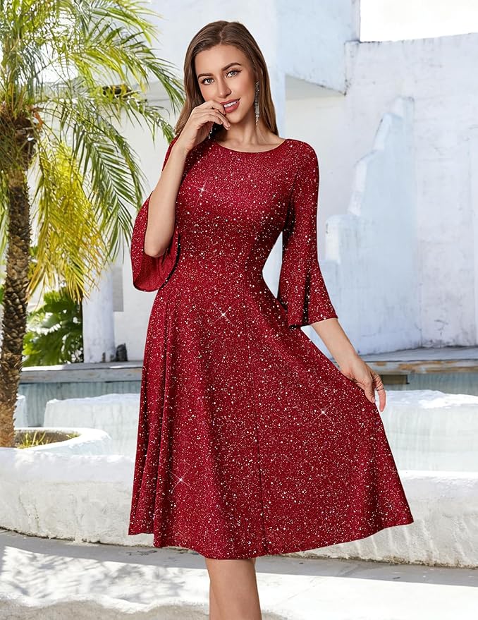 HomRain Women's Elegant Bell Sleeve Cocktail Party Dresses for Wedding Guest Fit and Flare Modest Church Midi Evening Dress - Image 4