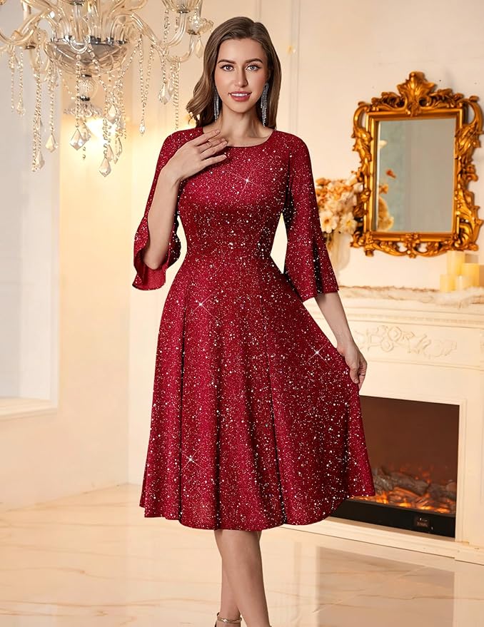 HomRain Women's Elegant Bell Sleeve Cocktail Party Dresses for Wedding Guest Fit and Flare Modest Church Midi Evening Dress - Image 7