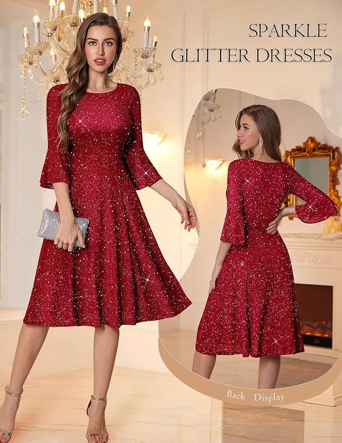 HomRain Women's Elegant Bell Sleeve Cocktail Party Dresses for Wedding Guest Fit and Flare Modest Church Midi Evening Dress - Image 3
