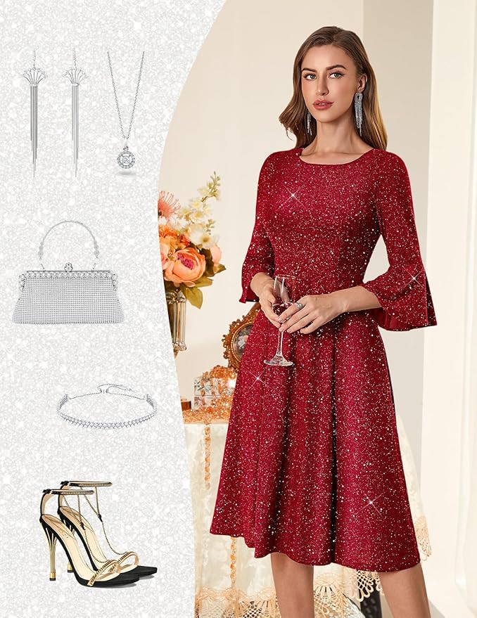 HomRain Women's Elegant Bell Sleeve Cocktail Party Dresses for Wedding Guest Fit and Flare Modest Church Midi Evening Dress - Image 5