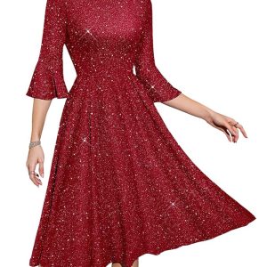 HomRain Women's Elegant Bell Sleeve Cocktail Party Dresses for Wedding Guest Fit and Flare Modest Church Midi Evening Dress