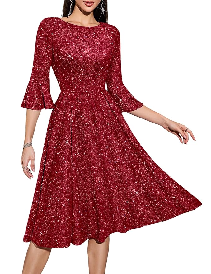 HomRain Women's Elegant Bell Sleeve Cocktail Party Dresses for Wedding Guest Fit and Flare Modest Church Midi Evening Dress
