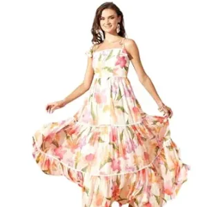 Miss Chase Womens Green and Orange Shoulder Tie-Up Floral Tiered Maxi Chiffon Dress
