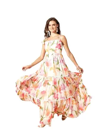 Miss Chase Womens Green and Orange Shoulder Tie-Up Floral Tiered Maxi Chiffon Dress