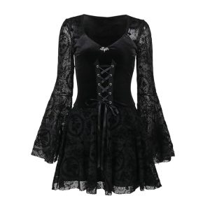Women Gothic Dress Punk Halloween Vintage Harajuku Velvet Lace Y2k Mall Goth A-Line Dresses
