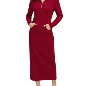 MISSKY Women Casual Pocket Quarter-Zip Neck 3/4 Sleeve Slim Split Pullover Hoodie Maxi Dress