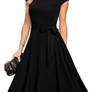 Women Casual Dresses Swing Tea Dress Cocktail Vintage A-Line Midi Party Dress