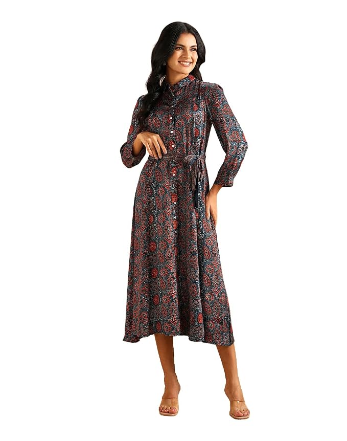 Fabindia Women's Rayon Blend Ajrakh Calf Length Maxi