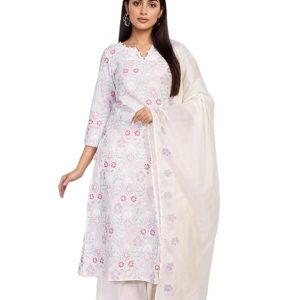 W for Woman Floral Embroidered Lace Straight Cotton Kurta with Palazzo and Dupatta Set