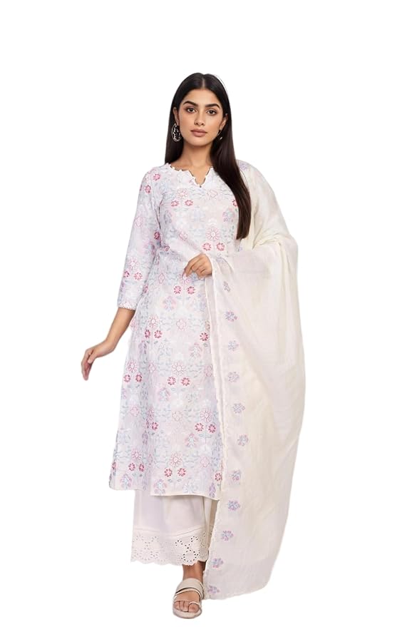 W for Woman Floral Embroidered Lace Straight Cotton Kurta with Palazzo and Dupatta Set