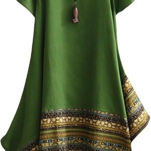 Minibee Women's Ethnic Cotton Linen Short/Long Sleeves Irregular Dress