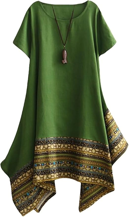 Minibee Women's Ethnic Cotton Linen Short/Long Sleeves Irregular Dress