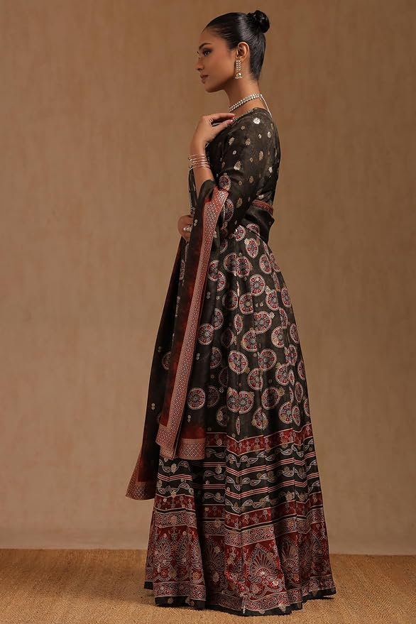 Soch Womens Olive Silk Blend Ethnic Motifs Gown Zari Woven - Image 5