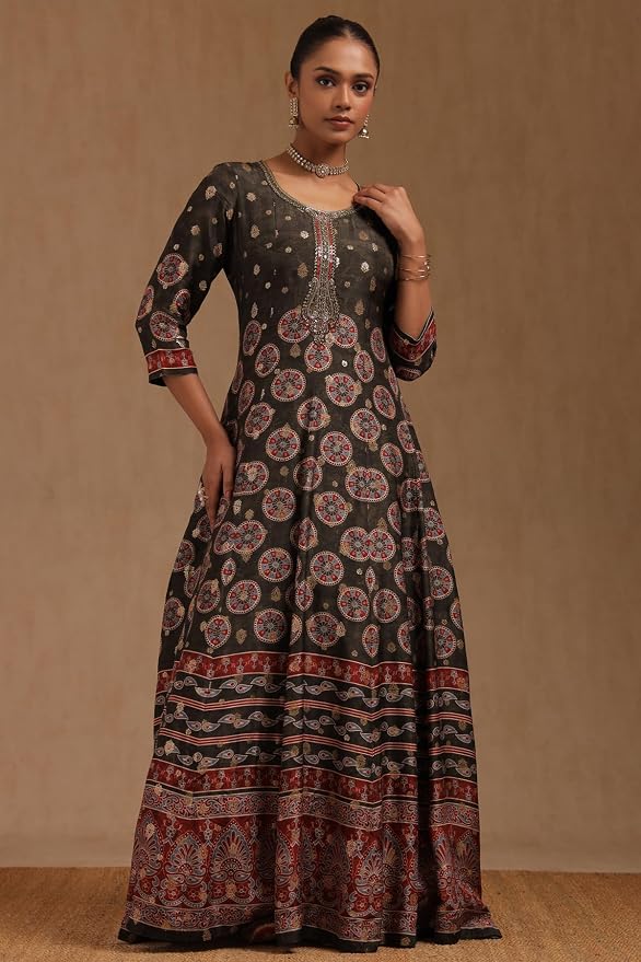 Soch Womens Olive Silk Blend Ethnic Motifs Gown Zari Woven - Image 6