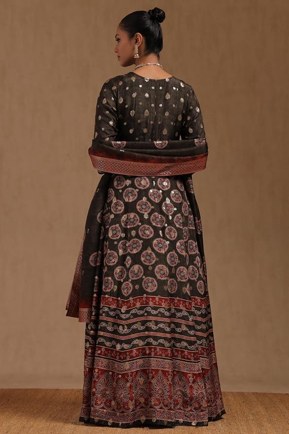 Soch Womens Olive Silk Blend Ethnic Motifs Gown Zari Woven - Image 7