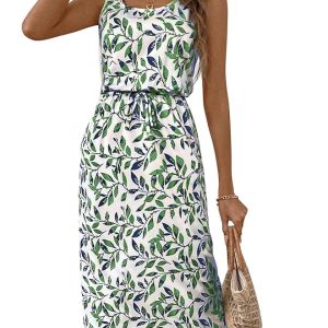 RoseSeek Women's Botanical Print Drawstring Waist Midi Dress Scoop Neck Sleeveless Long Dress Casual Sundress