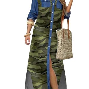 DIACACY Women's Casual Lapel Collar Floral Print Maxi Dresses Side Slit Long Sleeves Loose Slim Shirt Dresses