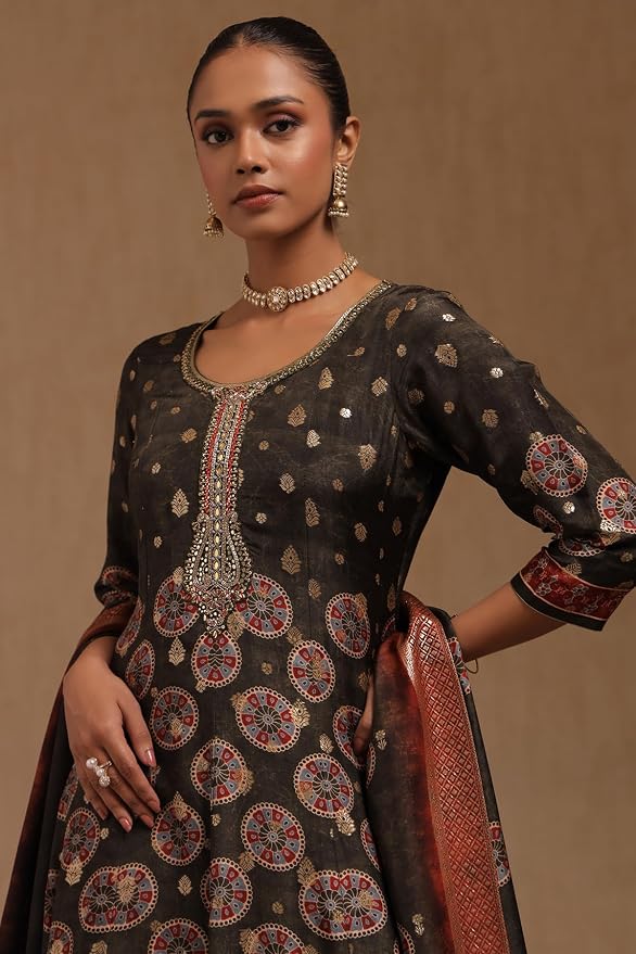 Soch Womens Olive Silk Blend Ethnic Motifs Gown Zari Woven - Image 2