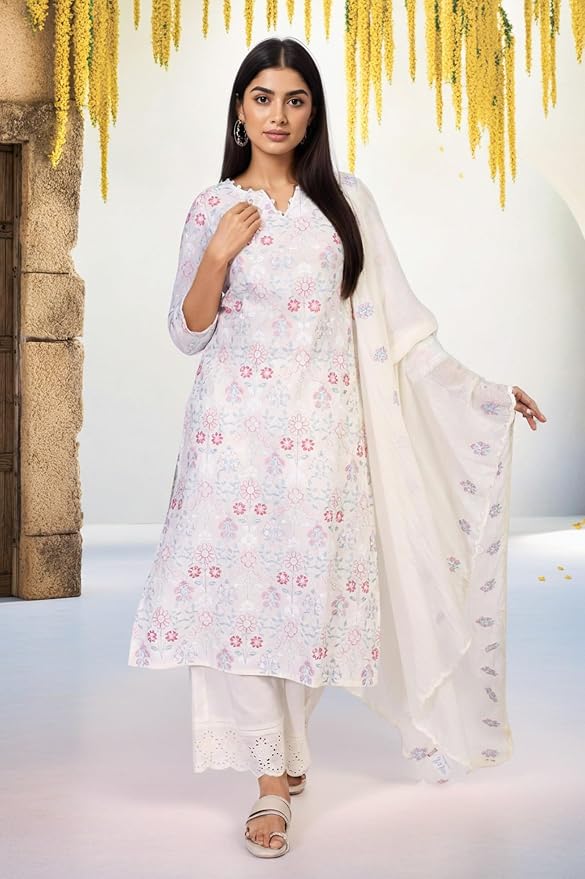 W for Woman Floral Embroidered Lace Straight Cotton Kurta with Palazzo and Dupatta Set - Image 4