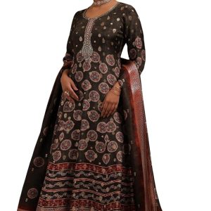 Soch Womens Olive Silk Blend Ethnic Motifs Gown Zari Woven