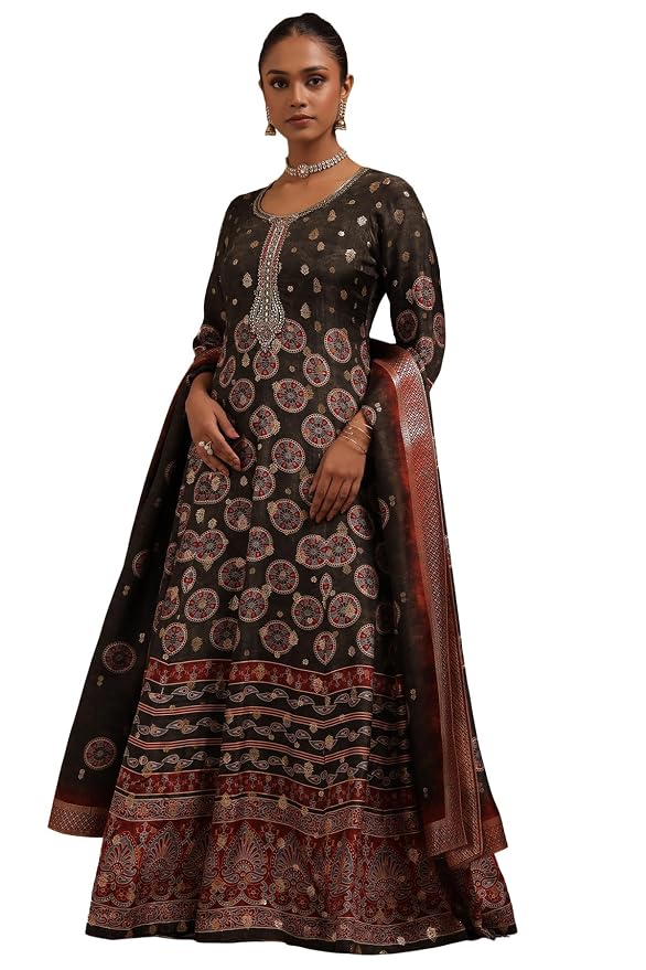 Soch Womens Olive Silk Blend Ethnic Motifs Gown Zari Woven